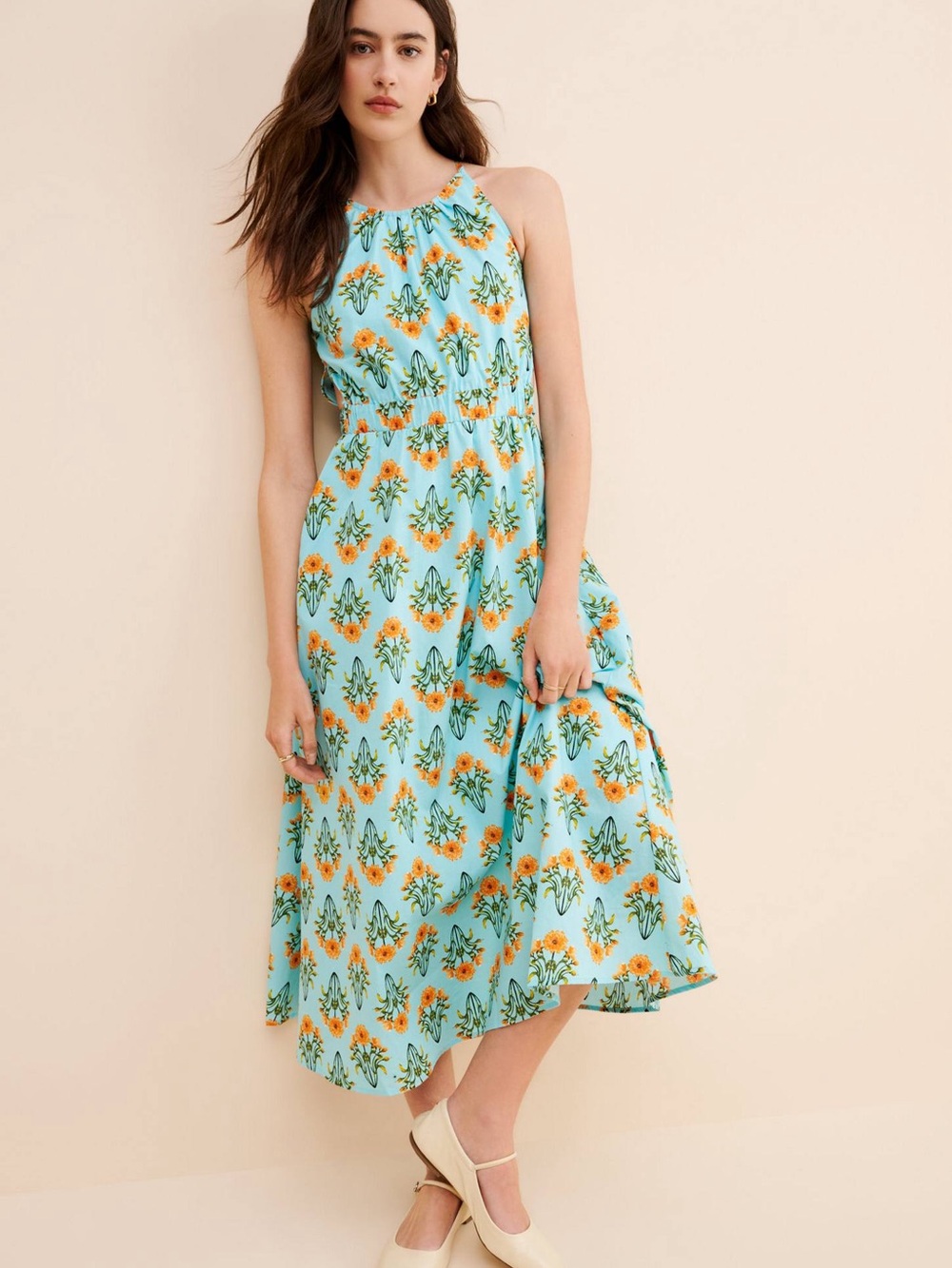 Anthropologie Moon River Floral Halter Midi Dress in Aqua Blue